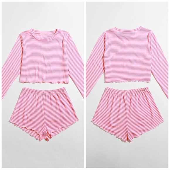 New Pink & White Striped Tee & Shorts Pajama Set - Picture 2 of 5